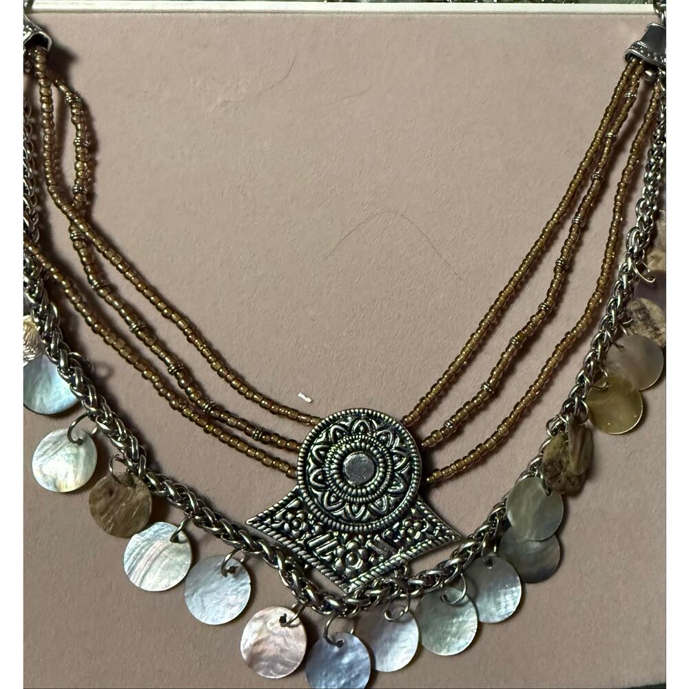Boho Layered Necklace Mother of Pearl Silver Medallion Handmade - Picture 5 of 5